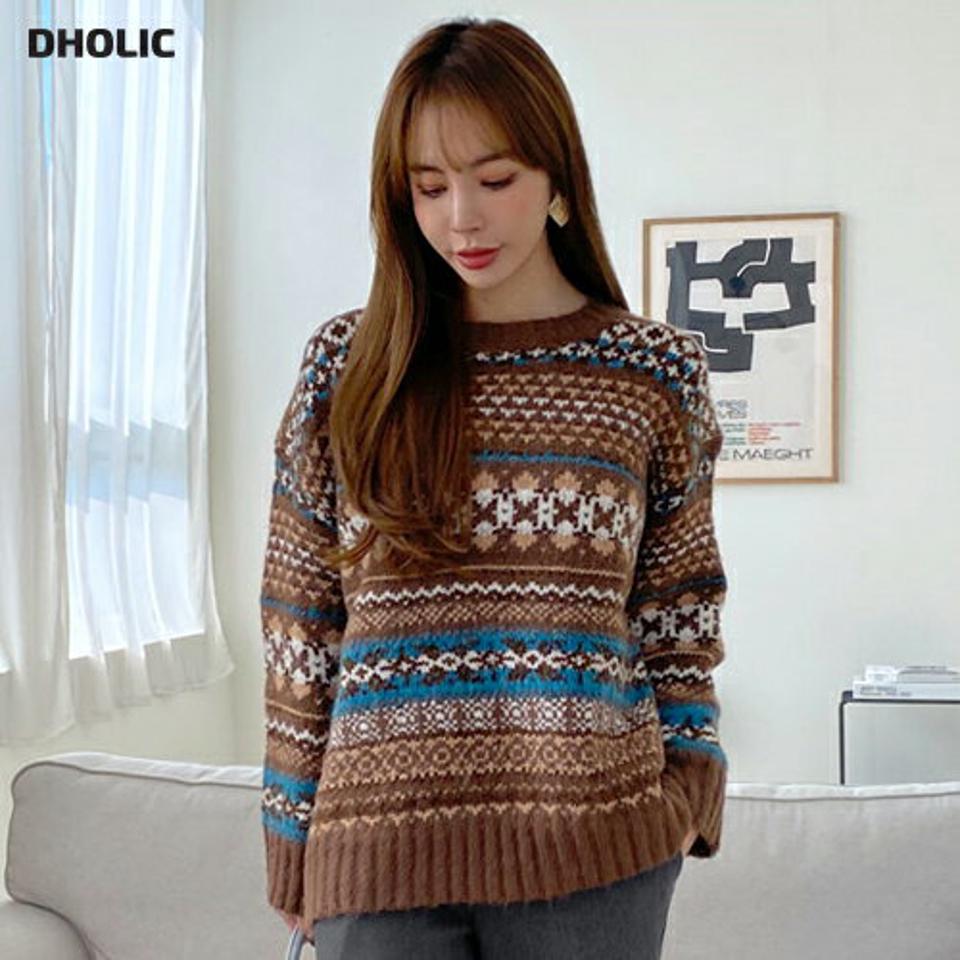 ノルディックパターンラウンドニット・全3色・b70982 レディース 【tops】トップス 長袖 ニット ニットトップス ノルディック柄 総柄 カジュアル ラフ 秋 冬 韓国ファッション ハイホリHIHOLLI