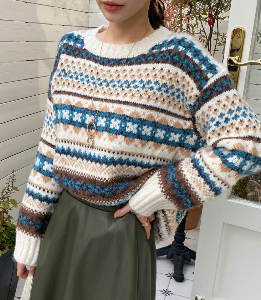 ノルディックパターンラウンドニット・全3色・b70982 レディース 【tops】トップス 長袖 ニット ニットトップス ノルディック柄 総柄 カジュアル ラフ 秋 冬 韓国ファッション ハイホリHIHOLLI