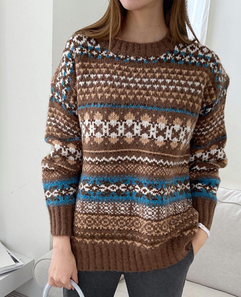 ノルディックパターンラウンドニット・全3色・b70982 レディース 【tops】トップス 長袖 ニット ニットトップス ノルディック柄 総柄 カジュアル ラフ 秋 冬 韓国ファッション ハイホリHIHOLLI