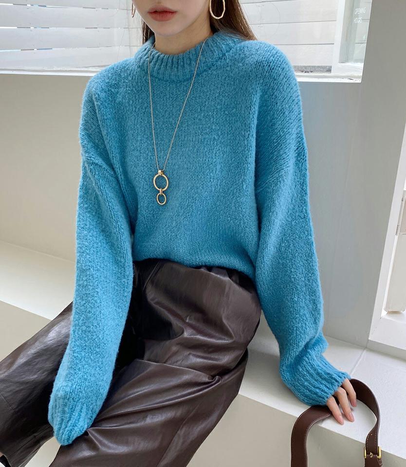 ウール混ラウンドルーズフィットニット・全5色・t70983 レディース 【tops】トップス ニット 長袖 ウール 単色 無地 シンプル ベーシック カジュアル ラフ ウール カラーニット ラウンドネック 大人 きれいめ 秋 冬 韓国ファッション ハイホリHIHOLLI