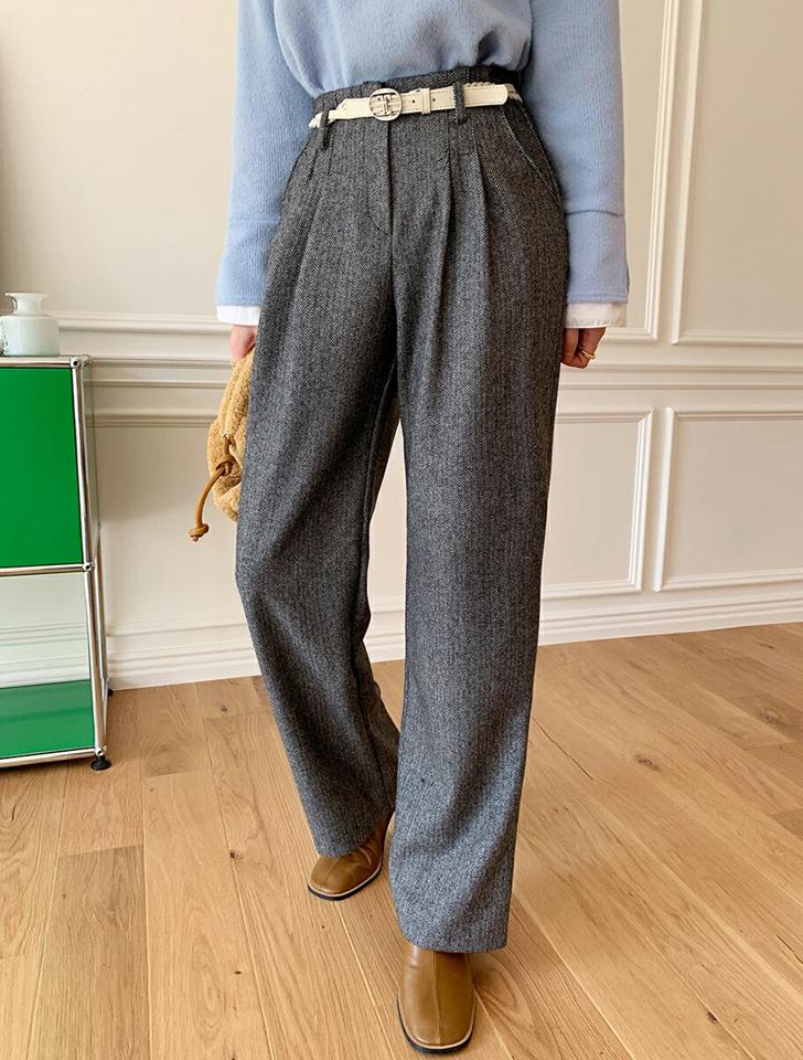 起毛ヘリンボーンスラックスパンツ・全2色・t00629 レディース 【pt】スラックス パンツ ズボン ロングパンツ 長ズボン ヘリンボーン 起毛 シック ウール 大人 オフィスカジュアル ストレート ツータック 冬 韓国ファッション ハイホリHIHOLLI