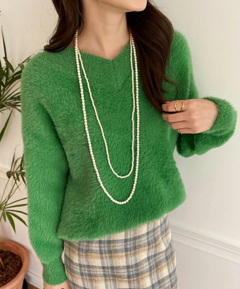 Vネックファータッチニット・全4色・b00615 レディース 【tops】トップス ニット 長袖 ファー Vネック ニットトップス カジュアル ラフ シンプル カラーニット 冬 高見え 韓国ファッション ハイホリHIHOLLI 年上