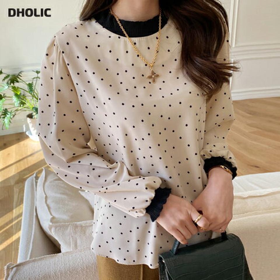 ドットバイカラーブラウス・全4色・00614 レディース 【bl】トップス ブラウス 長袖 バイカラー ドット柄 かわいい 可愛い ハーフネック 秋 冬 韓国ファッション ハイホリHIHOLLI