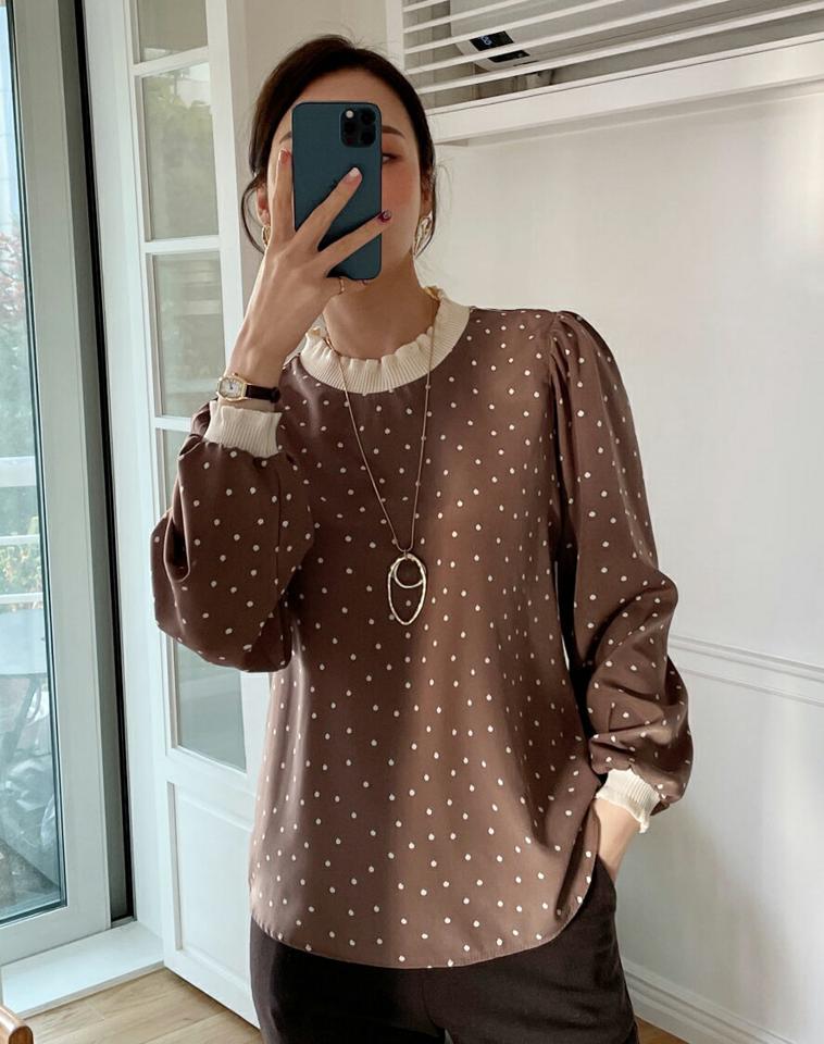 ドットバイカラーブラウス・全4色・00614 レディース 【bl】トップス ブラウス 長袖 バイカラー ドット柄 かわいい 可愛い ハーフネック 秋 冬 韓国ファッション ハイホリHIHOLLI