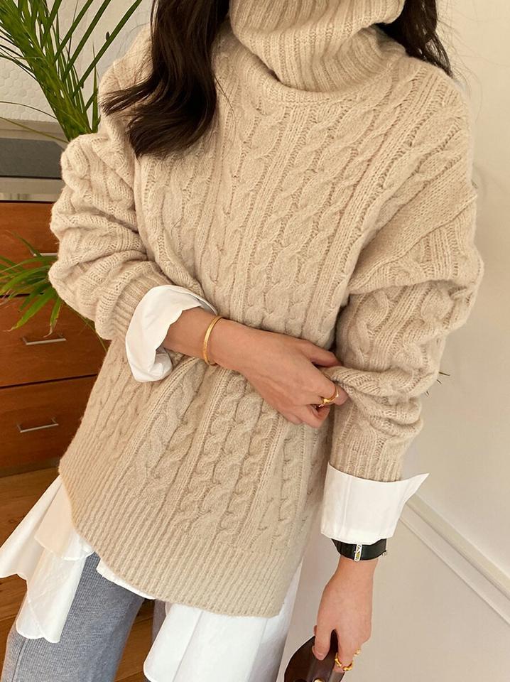 ツイストタートルネックニット・全4色・t00609 レディース 【tops】トップス ニット ニットトップス 長袖 タートルネック ハイネック ツイスト カラーニット 編み シンプル 単色 カジュアル ラフ ゆったり サイドスリット ウール 冬 韓国ファッション ハイホリHIHOLLI