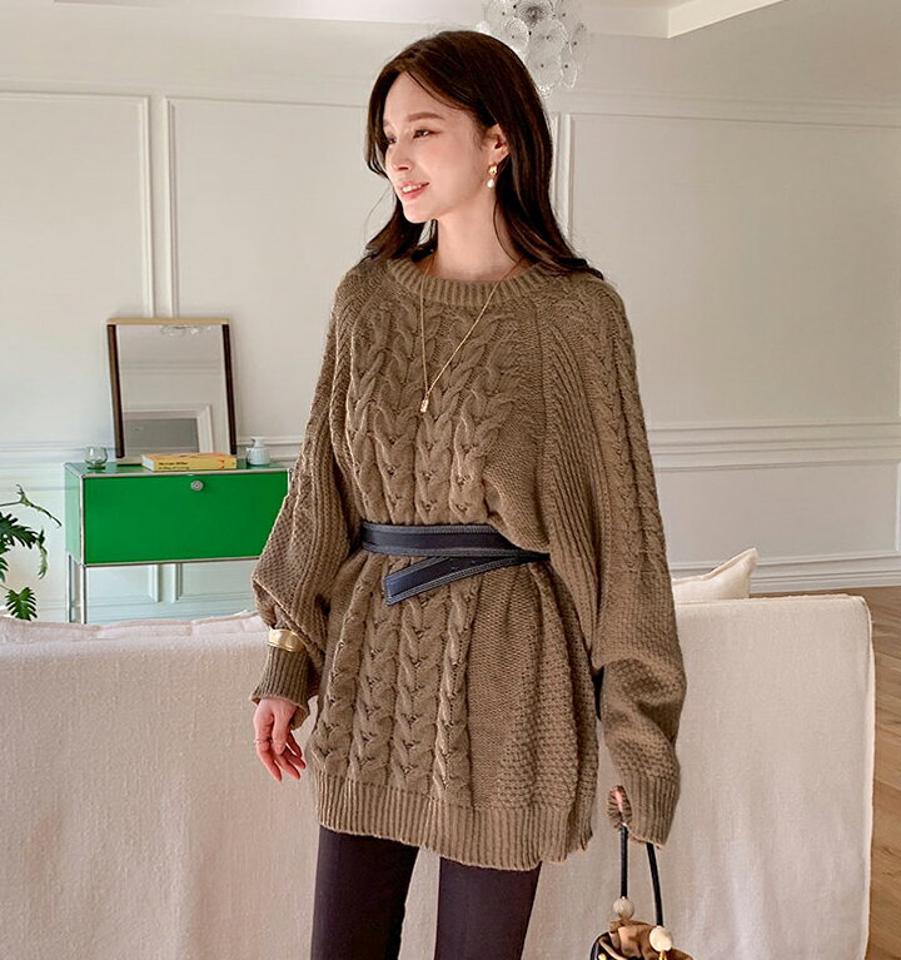 ツイストロングニット・全3色・t00617 レディース 【tops】トップス ニット 長袖 ツイストニット ロング丈 カジュアル ラフ シンプル ソフト 華奢見せ ラグランスリーブ ウール 冬 韓国ファッション ハイホリHIHOLLI