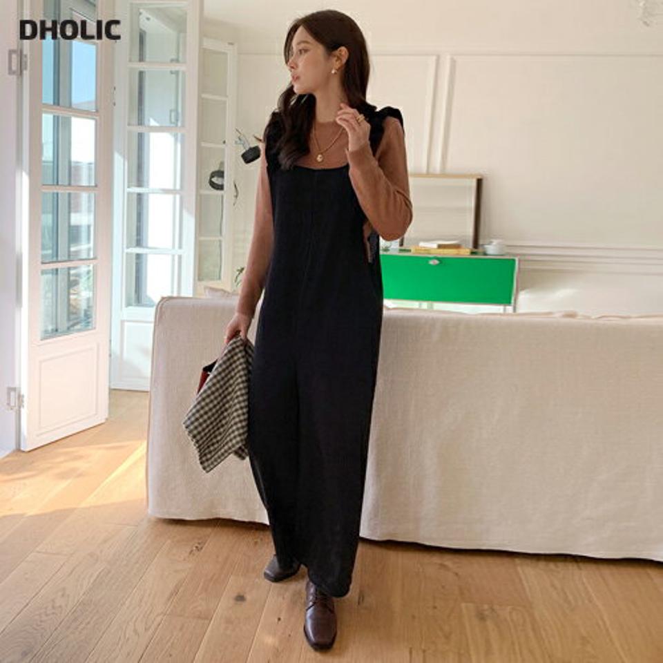 コーデュロイフリルオールインワン・全2色・b00623 レディース 【pt】オールインワン パンツ ズボン ロングパンツ フリル コーデュロイ かわいい スクエアネック シンプル カジュアル ワイド ストレート 秋 冬 韓国ファッション ハイホリHIHOLLI