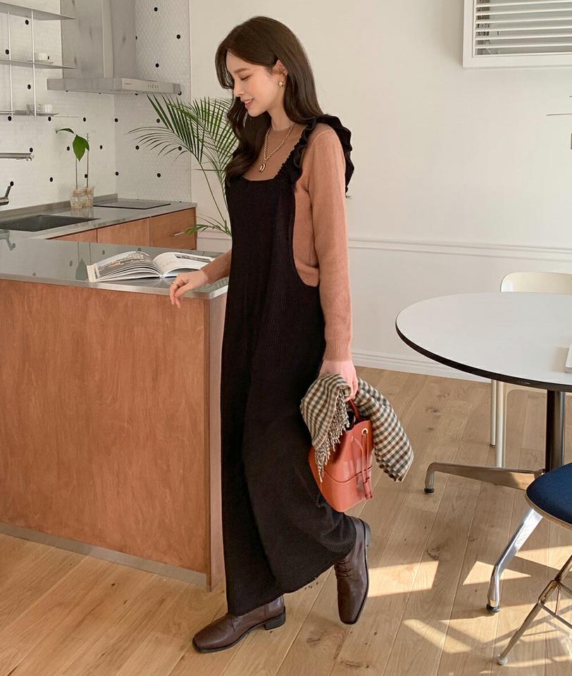 コーデュロイフリルオールインワン・全2色・b00623 レディース 【pt】オールインワン パンツ ズボン ロングパンツ フリル コーデュロイ かわいい スクエアネック シンプル カジュアル ワイド ストレート 秋 冬 韓国ファッション ハイホリHIHOLLI