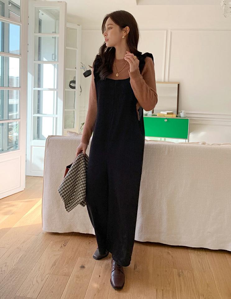 コーデュロイフリルオールインワン・全2色・b00623 レディース 【pt】オールインワン パンツ ズボン ロングパンツ フリル コーデュロイ かわいい スクエアネック シンプル カジュアル ワイド ストレート 秋 冬 韓国ファッション ハイホリHIHOLLI
