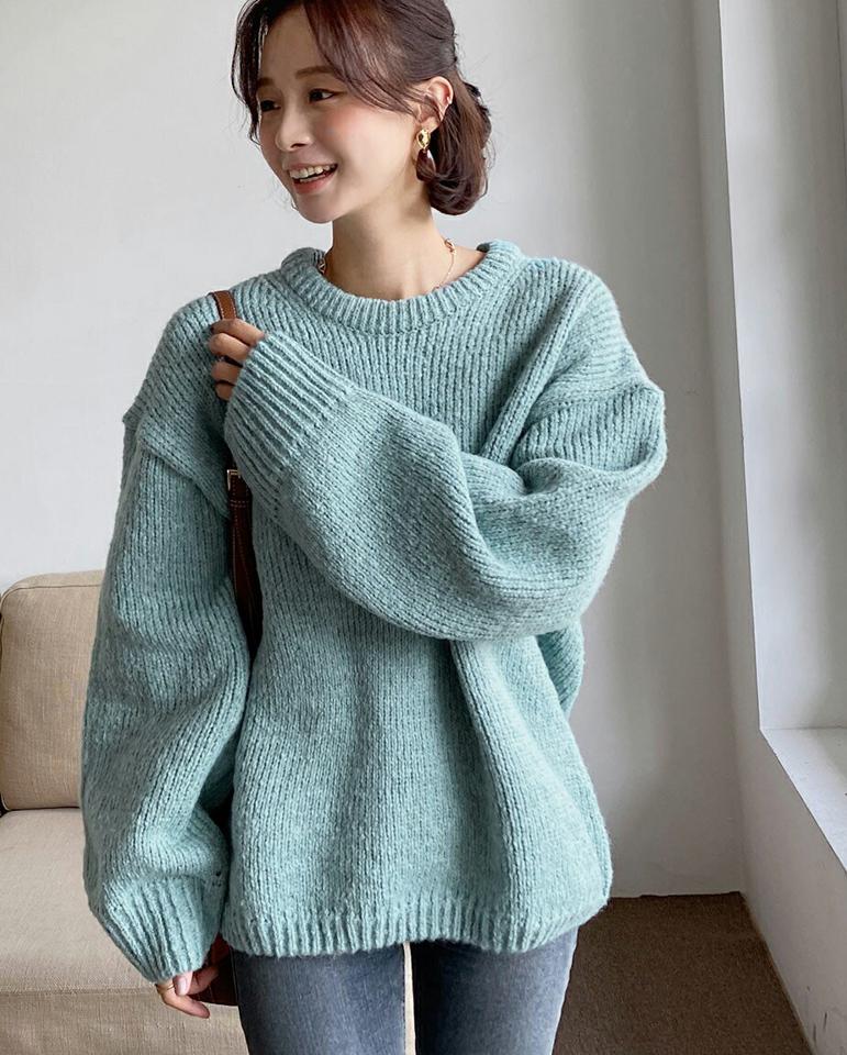ルーズラウンドニット・全7色・t65825 レディース 【tops】韓国ファッション トップス ニット 大人 長袖 ラウンドネック 無地 ベーシック シンプル ルーズ 異素材 体型カバー フェミニン カジュアル 秋 冬212