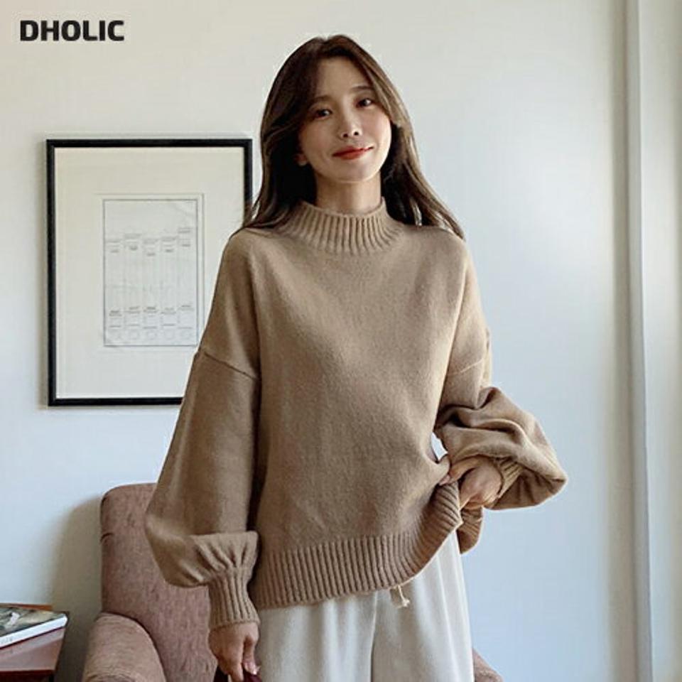 ハーフネックバルーンスリーブニット・全3色・b65827 レディース 【tops】韓国ファッション トップス ニット 大人 長袖 ハーフネック バルーン スリーブ 無地 シンプル スリット ルーズ ウール混 体型カバー フェミニン カジュアル 秋 冬