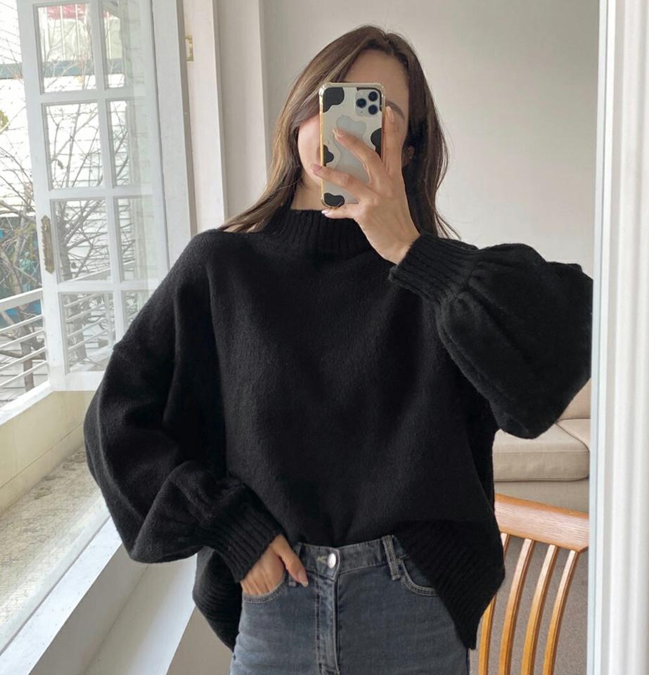 ハーフネックバルーンスリーブニット・全3色・b65827 レディース 【tops】韓国ファッション トップス ニット 大人 長袖 ハーフネック バルーン スリーブ 無地 シンプル スリット ルーズ ウール混 体型カバー フェミニン カジュアル 秋 冬