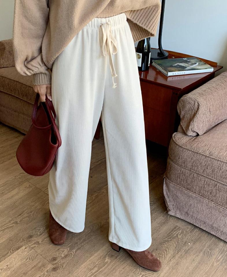 ドロストリブワイドパンツ・全3色・b65817 レディース 【pt】韓国ファッション ボトムス ロング ロングパンツ ドロストリブ ワイドパンツ コーデュロイ ロング丈 ストレート 無地 シンプル 体型カバー カジュアル デイリー 秋 冬
