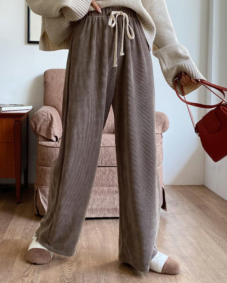 ドロストリブワイドパンツ・全3色・b65817 レディース 【pt】韓国ファッション ボトムス ロング ロングパンツ ドロストリブ ワイドパンツ コーデュロイ ロング丈 ストレート 無地 シンプル 体型カバー カジュアル デイリー 秋 冬