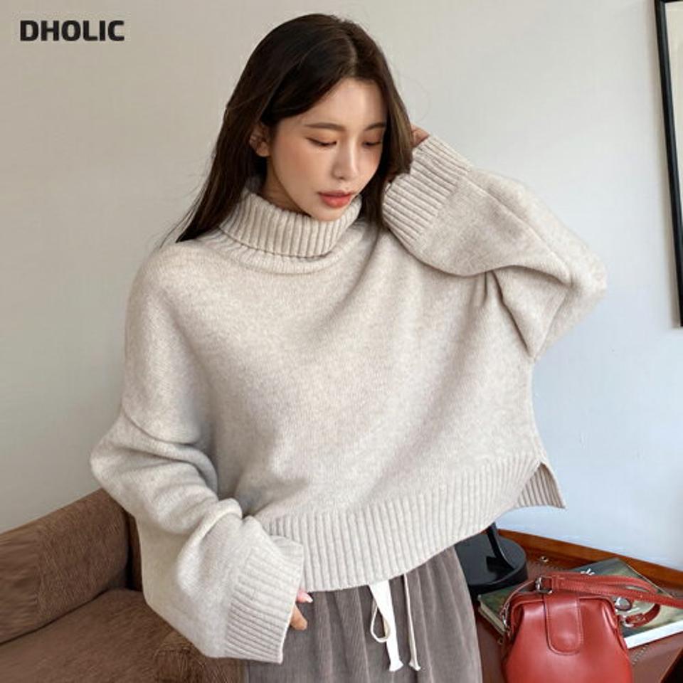【只今10%OFF】タートルクロップドニット・全5色・t65826 レディース 【tops】韓国ファッション トップス ニット 大人 長袖 タートルネック クロップド丈 無地 シンプル スリット ルーズ ウール混 体型カバー フェミニン カジュアル 秋 冬【ニットセール】