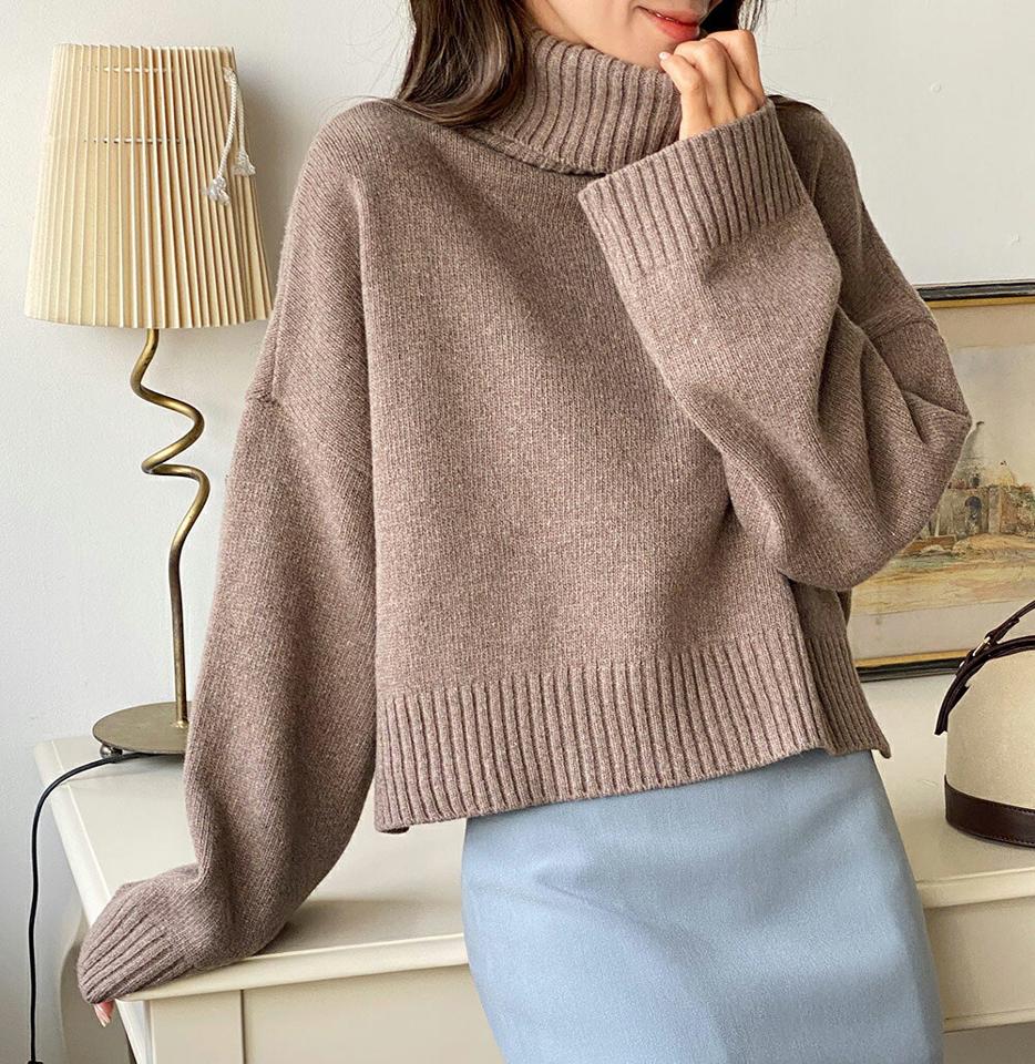 【只今10%OFF】タートルクロップドニット・全5色・t65826 レディース 【tops】韓国ファッション トップス ニット 大人 長袖 タートルネック クロップド丈 無地 シンプル スリット ルーズ ウール混 体型カバー フェミニン カジュアル 秋 冬【ニットセール】