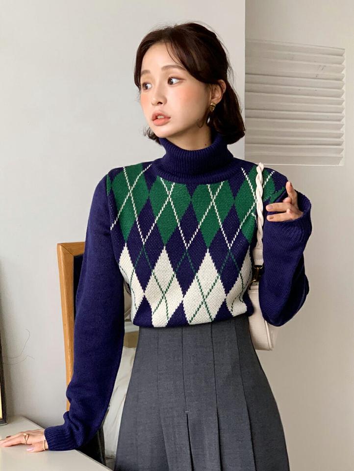 アーガイルタートルネックニット・全5色・t65794 レディース 【tops】韓国ファッション トップス ニット 大人 長袖 タートルネック アーガイル 柄ニット シンプル 異素材 フェミニン カジュアル 秋 冬