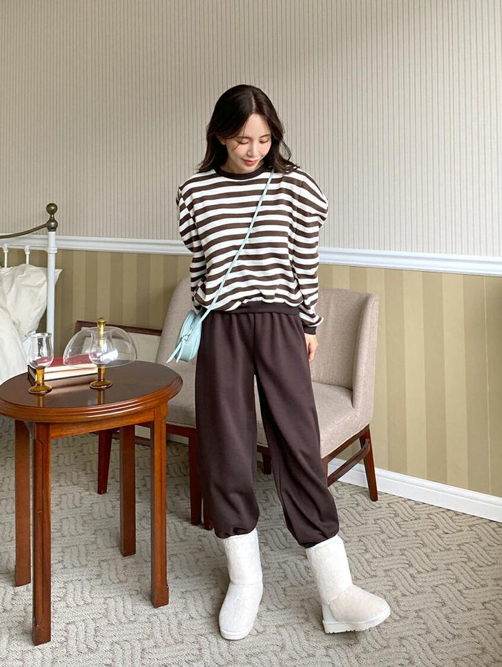 裏起毛ボーダースウェット&パンツSET・全3色・b65828 レディース 【pt】韓国ファッション ロング ロングパンツ スウェットパンツ スウェット ワンマイルウェア セットアップ 長袖 裏起毛 ボーダー ロング丈 シンプル デイリー 秋 冬