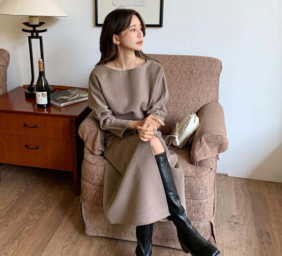 両起毛ボートネックブラウス&スリットスカートSET・全3色・b65829 レディース 【ops】韓国ファッション ワンピース ロング ロングワンピース スカート ブラウス セットアップ 長袖 ボートネック 両起毛 ロング丈 無地 シンプル 体型カバー 秋 冬