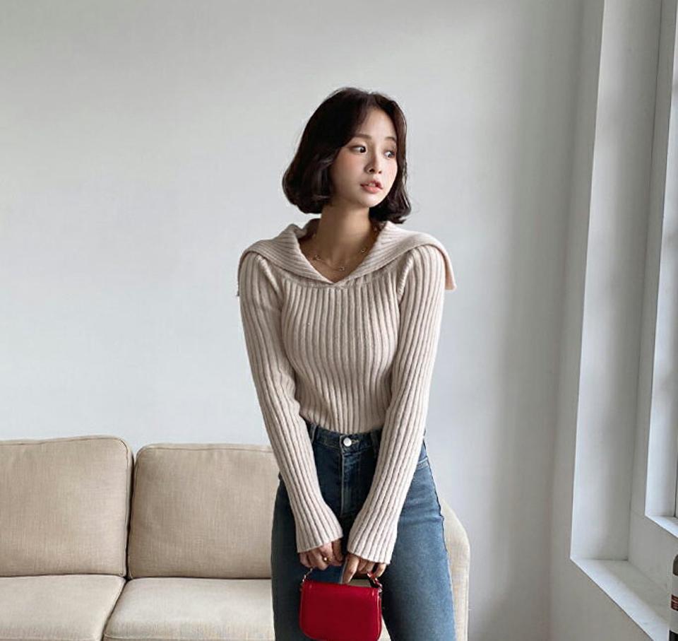 ビッグカラーリブニット・全5色・t65793 レディース 【tops】韓国ファッション トップス ニット 大人 長袖 オフショル ビッグカラー リブ デコルテ カラーニット 無地 シンプル 異素材 体型カバー フェミニン カジュアル 秋 冬