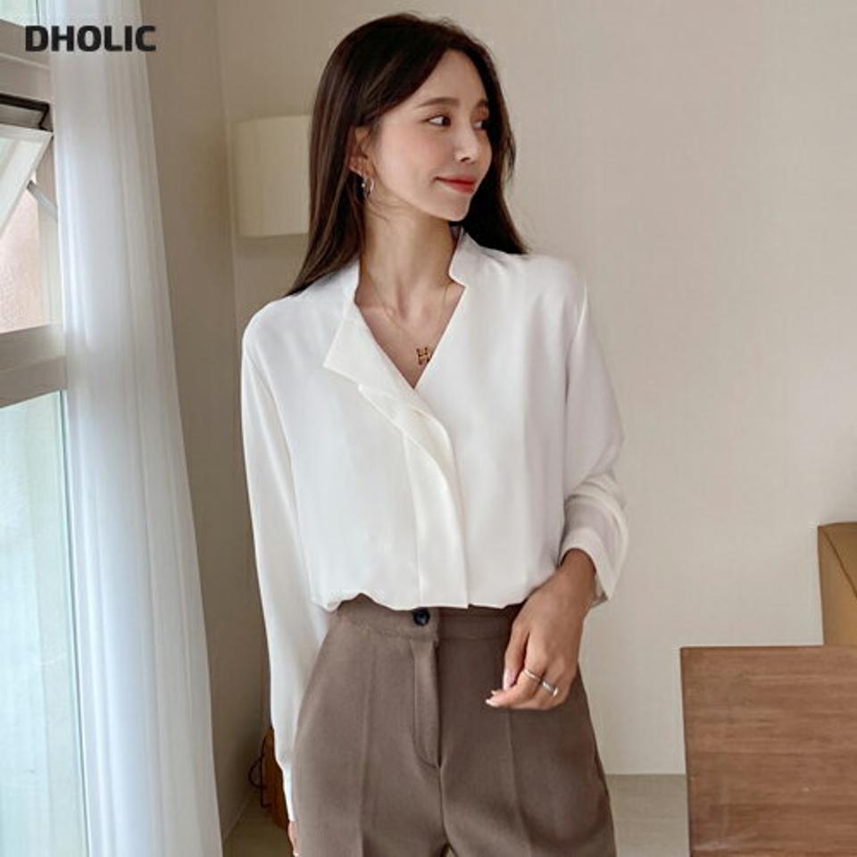 即日配送 アンバランスカラーブラウス・全5色・58540 レディース 【bl】韓国ファッション トップス ブラウス 長袖 Vネック アンバランス バンドカラー ユニーク 無地 シンプル カジュアル ルーズ 体型カバー ガーリー 秋 冬