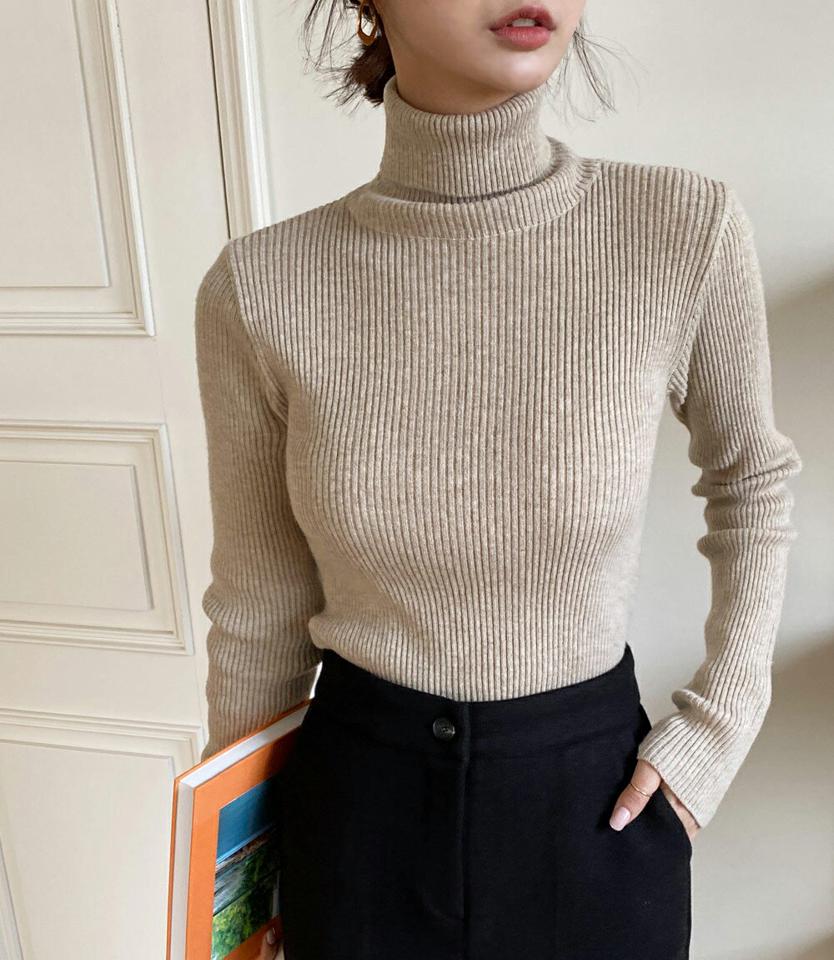 リブタートルネックニット・全5色・b58514 レディース 【tops】韓国ファッション トップス ニット 大人 長袖 タートルネック スリム リブ 無地 ベーシック シンプル 異素材 体型カバー フェミニン カジュアル デイリー ガーリー 秋 冬