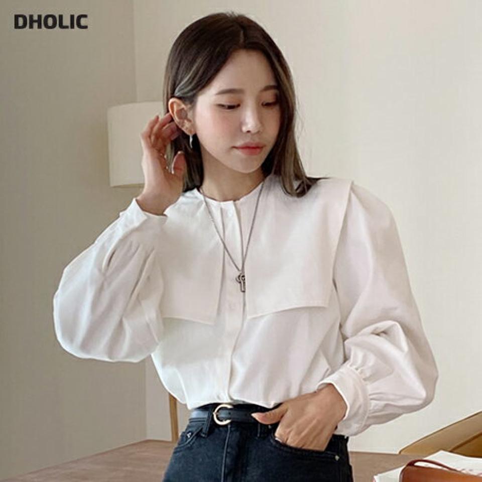 ビッグセーラーカラーブラウス・全2色・b58541 レディース 【bl】韓国ファッション トップス ブラウス 長袖 ラウンドネック ビッグ セーラーカラー カフス ボタン ギャザー 無地 シンプル カジュアル ルーズ 体型カバー ガーリー 秋 冬