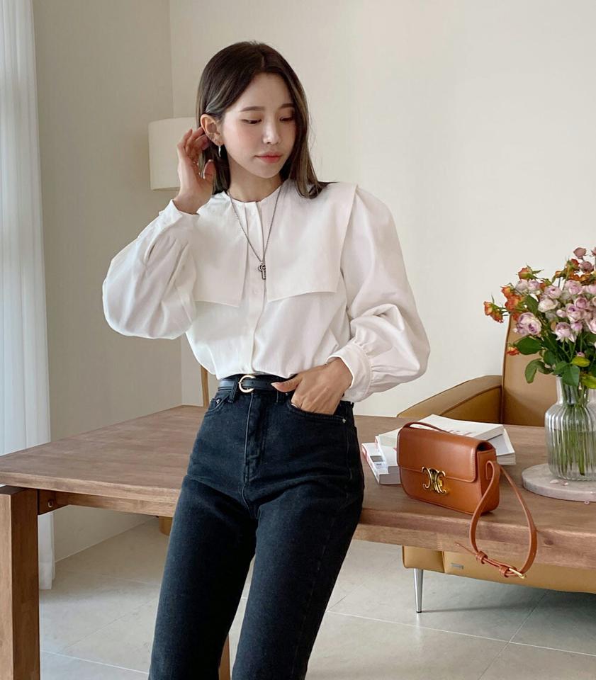 ビッグセーラーカラーブラウス・全2色・b58541 レディース 【bl】韓国ファッション トップス ブラウス 長袖 ラウンドネック ビッグ セーラーカラー カフス ボタン ギャザー 無地 シンプル カジュアル ルーズ 体型カバー ガーリー 秋 冬