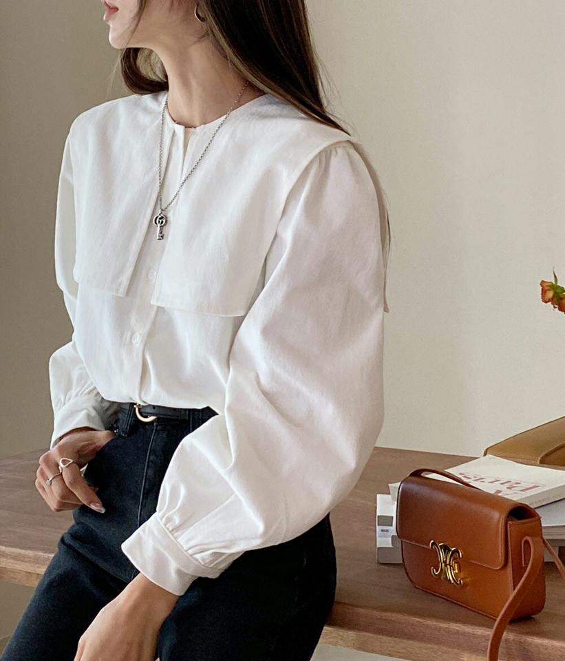 ビッグセーラーカラーブラウス・全2色・b58541 レディース 【bl】韓国ファッション トップス ブラウス 長袖 ラウンドネック ビッグ セーラーカラー カフス ボタン ギャザー 無地 シンプル カジュアル ルーズ 体型カバー ガーリー 秋 冬