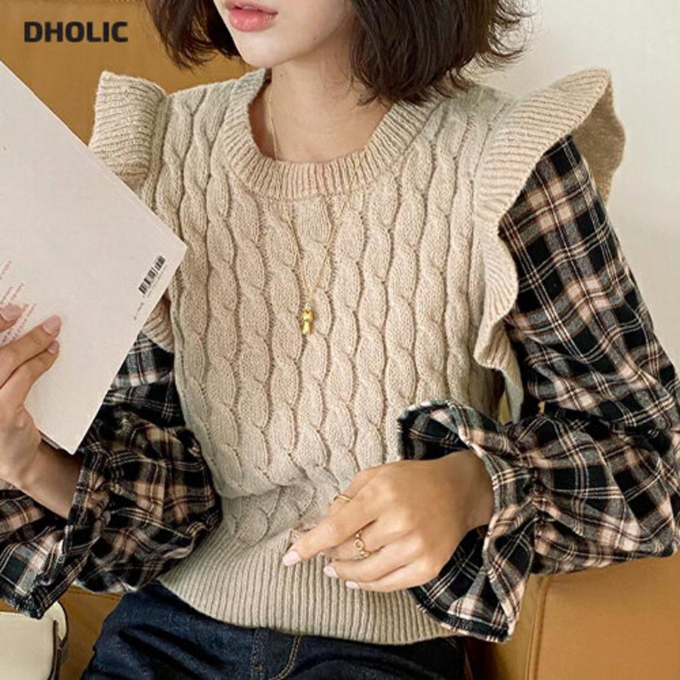 配色フリルニットチェックブラウス・全3色・t58543 レディース 【bl】韓国ファッション トップス ブラウス 長袖 ラウンドネック 配色 フリル ニット チェック シンプル カジュアル スリム 体型カバー ガーリー 秋 冬