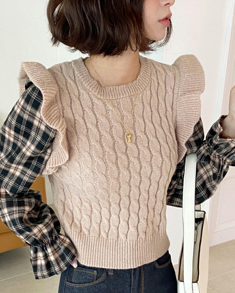 配色フリルニットチェックブラウス・全3色・t58543 レディース 【bl】韓国ファッション トップス ブラウス 長袖 ラウンドネック 配色 フリル ニット チェック シンプル カジュアル スリム 体型カバー ガーリー 秋 冬