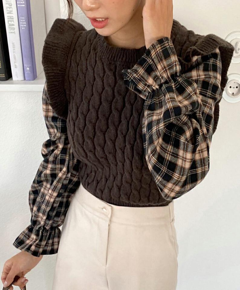 配色フリルニットチェックブラウス・全3色・t58543 レディース 【bl】韓国ファッション トップス ブラウス 長袖 ラウンドネック 配色 フリル ニット チェック シンプル カジュアル スリム 体型カバー ガーリー 秋 冬