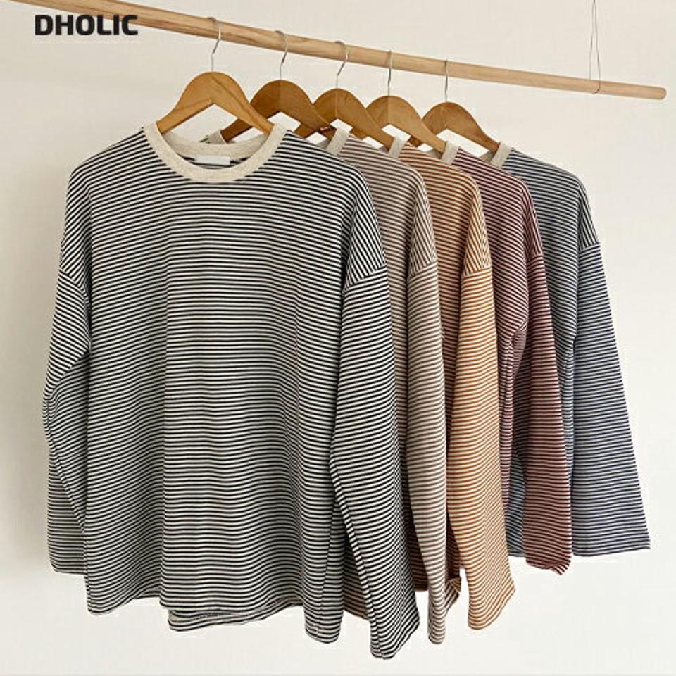 裏起毛ボーダーTシャツ・全5色・t01433 レディース 【tops】韓国ファッション トップス Tシャツ 長袖 ラウンドネック 裏起毛 ボーダー 異素材 メリハリ ルーズ シンプル フェミニン 体型カバー ガーリー カジュアル 秋 冬 NIJU