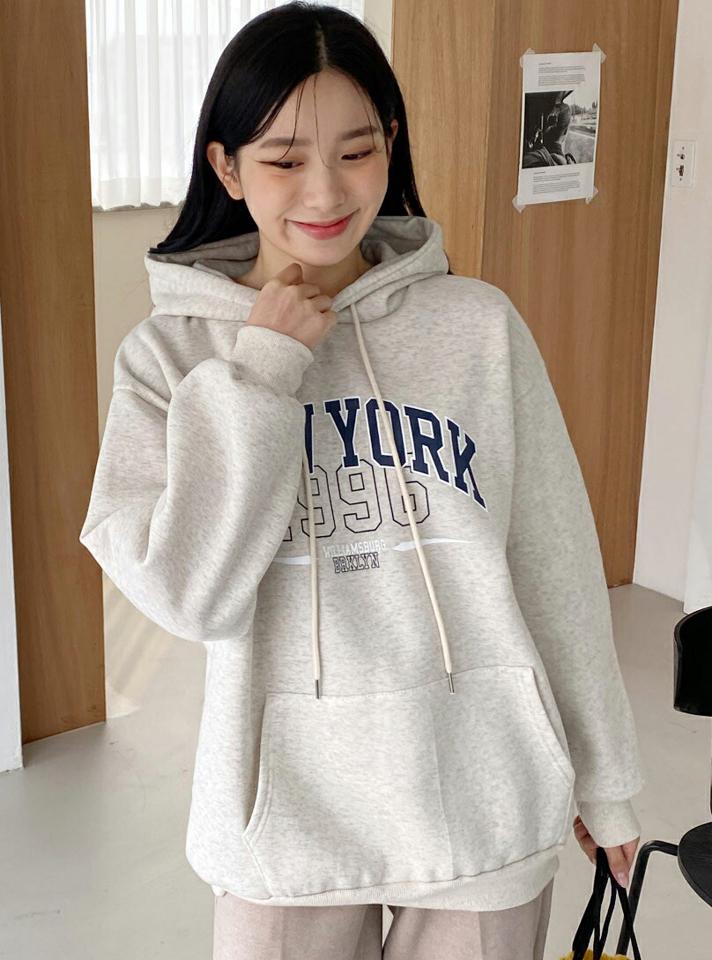 裏起毛NEW YORKレタリングパーカー・全3色・b01437 レディース 【tops】韓国ファッション トップス パーカー 長袖 フード 裏起毛 レタリング ロゴ ルーズ シンプル フェミニン カジュアル デイリー 秋 冬 NIJU
