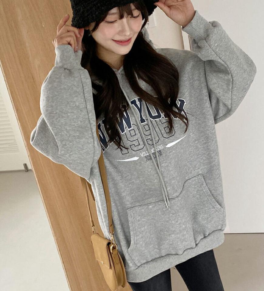 裏起毛NEW YORKレタリングパーカー・全3色・b01437 レディース 【tops】韓国ファッション トップス パーカー 長袖 フード 裏起毛 レタリング ロゴ ルーズ シンプル フェミニン カジュアル デイリー 秋 冬 NIJU