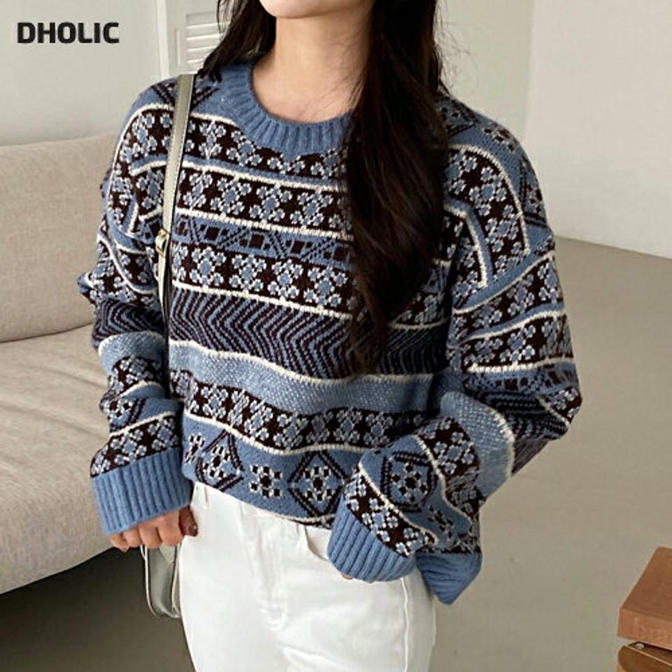 パターンラウンドネックニット・全3色・t01439 レディース 【tops】韓国ファッション トップス ニット 長袖 ラウンドネック ノルディック ドロップショルダー 柄ニット ルーズ フェミニン シンプル デイリー ガーリー カジュアル 秋 冬 NIJU