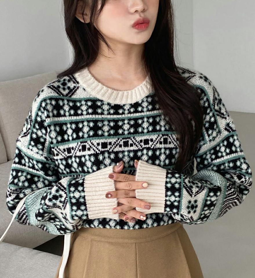 パターンラウンドネックニット・全3色・t01439 レディース 【tops】韓国ファッション トップス ニット 長袖 ラウンドネック ノルディック ドロップショルダー 柄ニット ルーズ フェミニン シンプル デイリー ガーリー カジュアル 秋 冬 NIJU