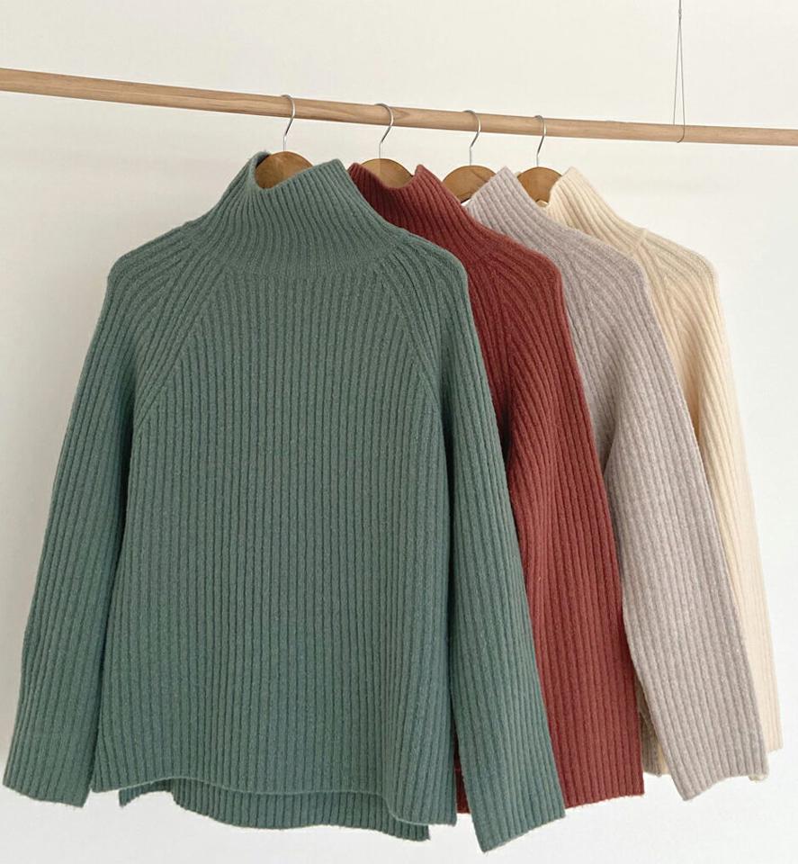タートルアンバランスリブニット・全4色・b01440 レディース 【tops】韓国ファッション トップス ニット 長袖 タートルネック タートルネック アンバランス丈 ラグランスリーブ ウール混 無地 ベーシック シンプル カジュアル 秋 冬 NIJU