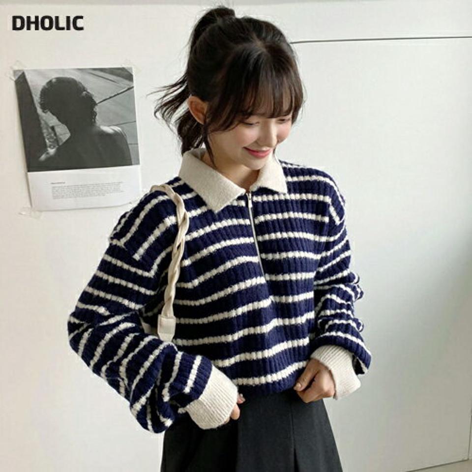 ボーダーハーフジップリブニット・全3色・t01441 レディース 【tops】韓国ファッション トップス ニット 長袖 ハイネック ポロ襟 ボーダー ハーフジップ リブ フェミニン シンプル ルーズ デイリー ガーリー カジュアル 秋 冬 NIJU
