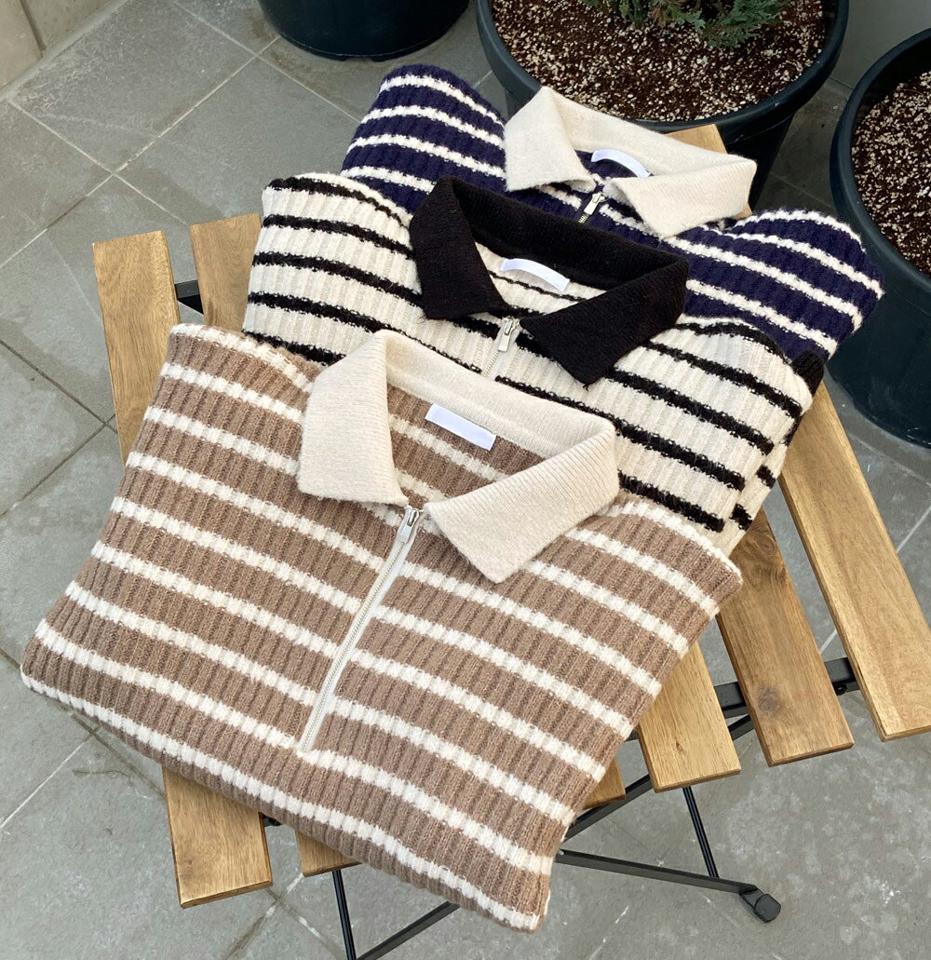 ボーダーハーフジップリブニット・全3色・t01441 レディース 【tops】韓国ファッション トップス ニット 長袖 ハイネック ポロ襟 ボーダー ハーフジップ リブ フェミニン シンプル ルーズ デイリー ガーリー カジュアル 秋 冬 NIJU