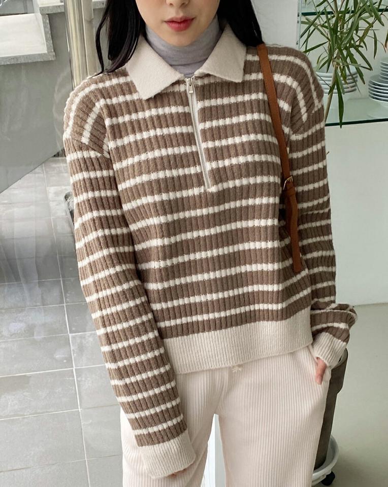 ボーダーハーフジップリブニット・全3色・t01441 レディース 【tops】韓国ファッション トップス ニット 長袖 ハイネック ポロ襟 ボーダー ハーフジップ リブ フェミニン シンプル ルーズ デイリー ガーリー カジュアル 秋 冬 NIJU