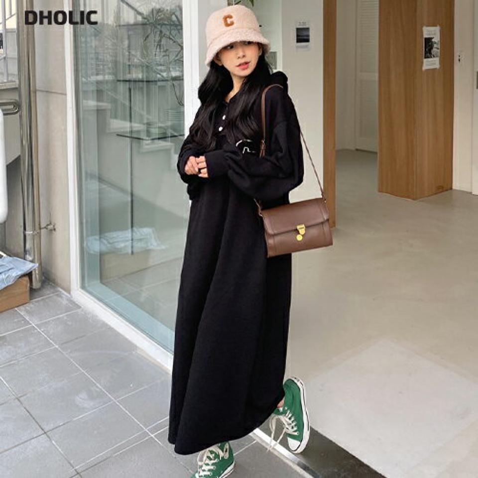 Cパッチフードワンピース・全2色・t01467 レディース 【ops】韓国ファッション ワンピース ロング ロングワンピース 長袖 フード 配色 ロゴ パッチ ワンマイルウェア ロング丈 シンプル ルーズ ゆったり 体型カバー カジュアル 秋 冬 NIJU