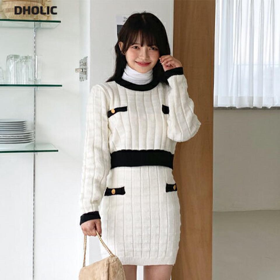 配色リブボタンニット&ミニスカートSET・全2色・b01449 レディース 【ops】韓国ファッション ワンピース ミニワンピース ニット スカート セットアップ 長袖 ラウンドネック 配色 Hライン ミニスカート ミニ丈 シンプル 体型カバー 秋 冬 NIJU