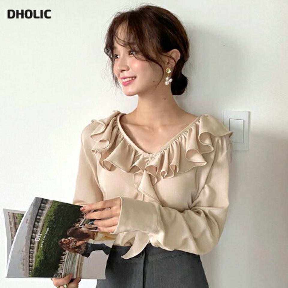 Vネックフリルブラウス・全3色・t65581 レディース 【bl】韓国ファッション トップス ブラウス 長袖 Vネック フリル カフスボタン シンプル リボン 襟コン ルーズ デコルテ 体型カバー ガーリー オフィスカジュアル フェミニン 秋 冬