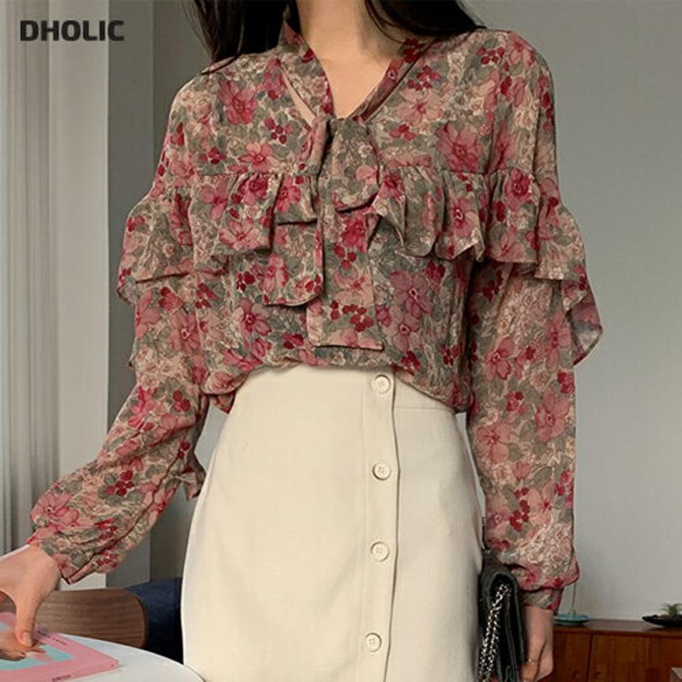 ボウタイフローラルブラウス・全2色・b65583 レディース 【bl】韓国ファッション トップス ブラウス 長袖 Vネック ボウタイ 花柄 フローラル フラワー シンプル リボン スリム 体型カバー ガーリー カジュアル フェミニン 秋 冬