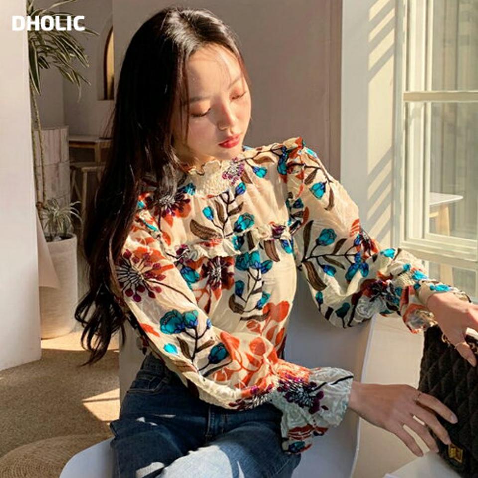 シフォンベロアフローラルブラウス・全4色・b65585 レディース 【bl】韓国ファッション トップス ブラウス 長袖 ハイネック シフォン ベロア 花柄 フローラル フラワー シンプル スリム 体型カバー ガーリー カジュアル フェミニン 秋 冬