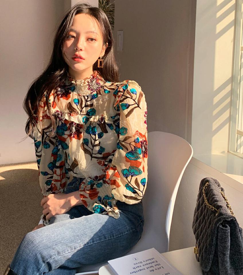 シフォンベロアフローラルブラウス・全4色・b65585 レディース 【bl】韓国ファッション トップス ブラウス 長袖 ハイネック シフォン ベロア 花柄 フローラル フラワー シンプル スリム 体型カバー ガーリー カジュアル フェミニン 秋 冬