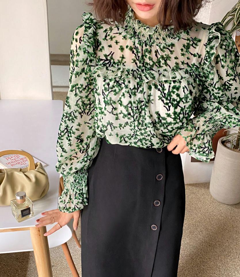 シフォンベロアフローラルブラウス・全4色・b65585 レディース 【bl】韓国ファッション トップス ブラウス 長袖 ハイネック シフォン ベロア 花柄 フローラル フラワー シンプル スリム 体型カバー ガーリー カジュアル フェミニン 秋 冬