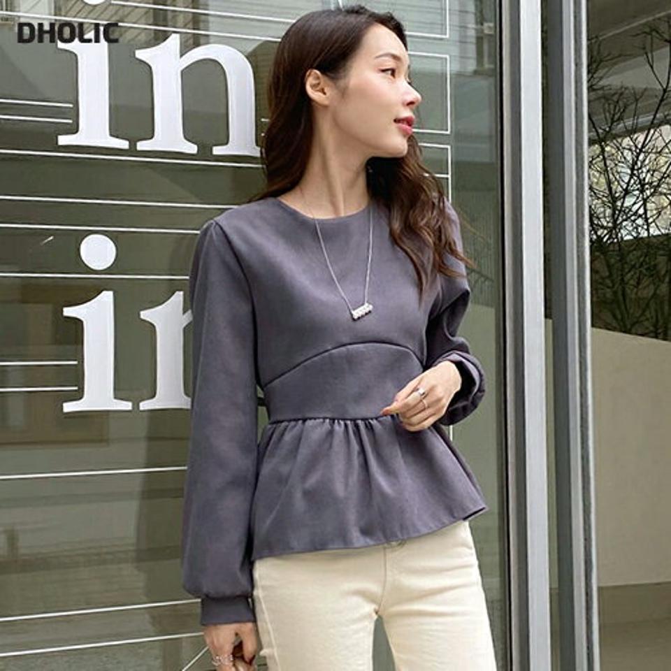 即日配送 スエード調ラウンドネックブラウス・全3色・t71002 レディース 【bl】トップス ブラウス 長袖 フレアトップス ギャザー フェミニン きれいめ 大人 秋 冬 韓国ファッション ハイホリHIHOLLI