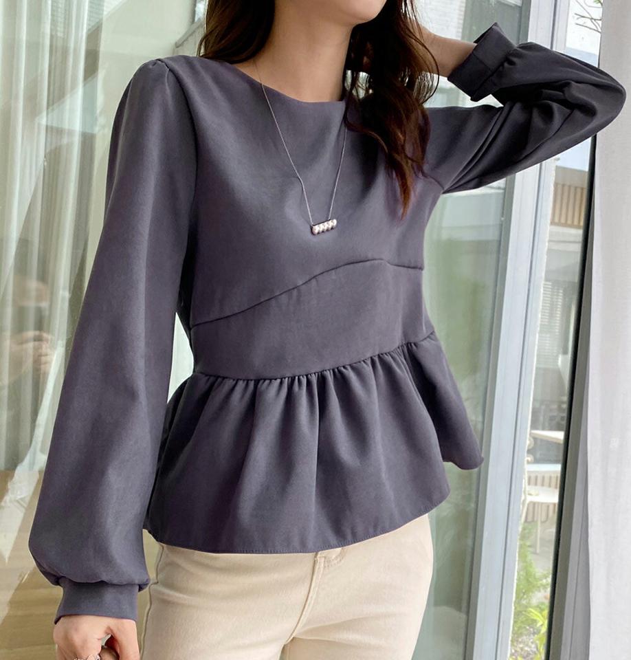 即日配送 スエード調ラウンドネックブラウス・全3色・t71002 レディース 【bl】トップス ブラウス 長袖 フレアトップス ギャザー フェミニン きれいめ 大人 秋 冬 韓国ファッション ハイホリHIHOLLI